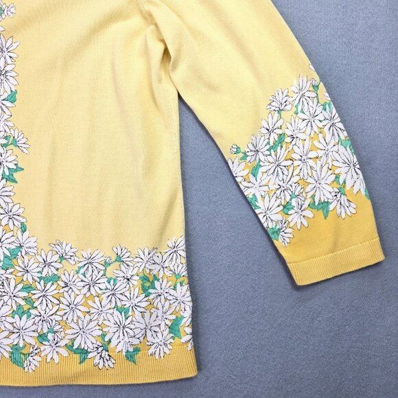 Talbots Cardigan Sweater Womens M Yellow Daisy Floral Button Front 3/4 Sleeve - Picture 3 of 12